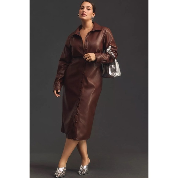 by Anthropologie Fuax Leather Midi Shirt Dress In Brown Size 1X Plus Size - Picture 1 of 15